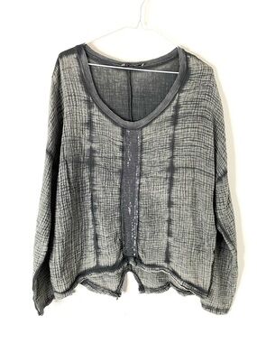 Gigi Moda Italy Grey Gauze Sequin Oversized Tunic Top Convertible Sleeves